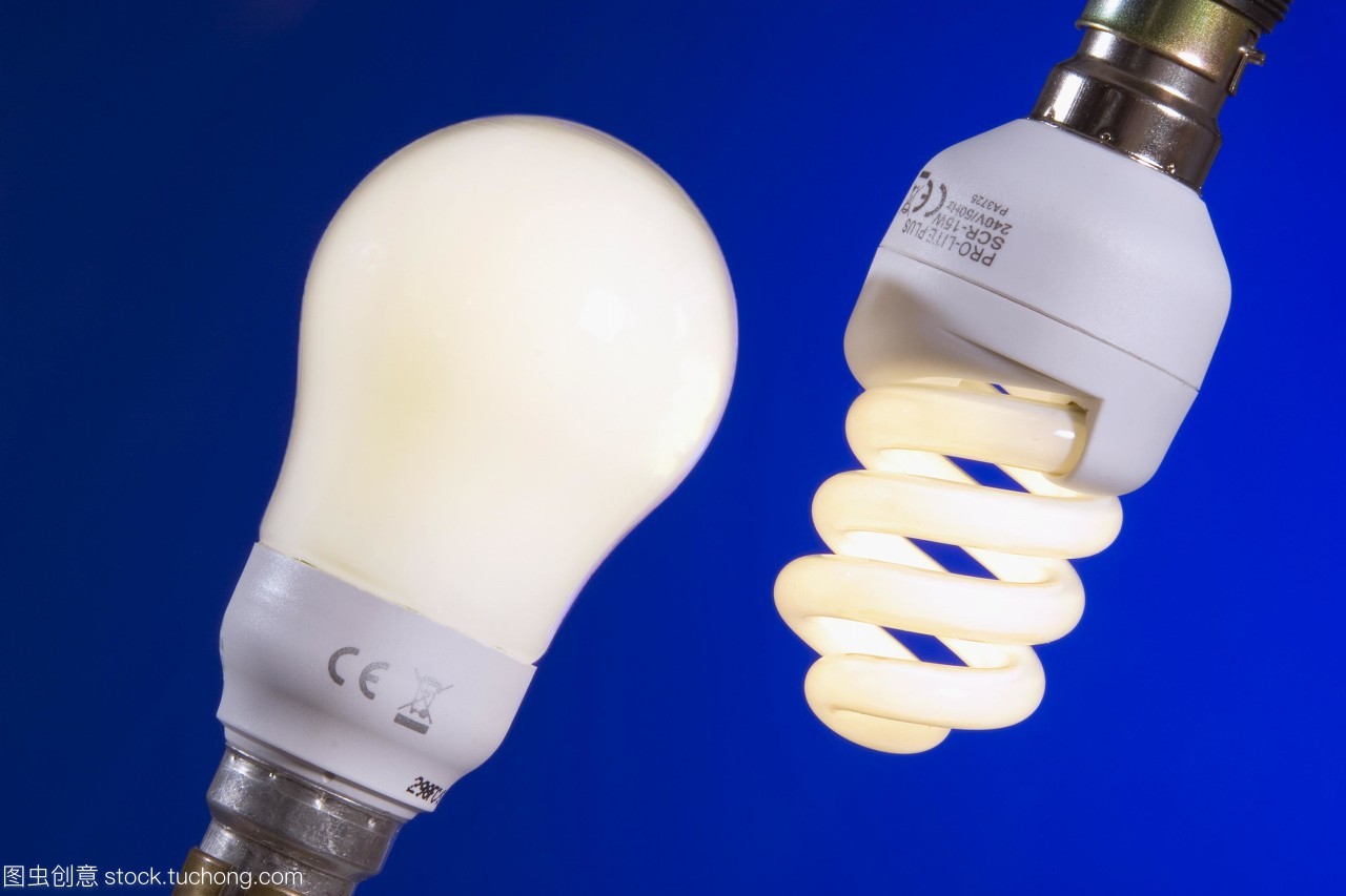 節(jié)能燈泡。兩種不同類型的緊湊型熒光燈cfl或節(jié)能燈泡,包括螺旋型左和圓形右。螺旋型為11瓦,相當于60瓦白熾燈。圓型為15瓦,相當于75瓦白熾燈。熒光燈泡比燈絲燈泡產(chǎn)生的熱量要少,因此更多的電能轉(zhuǎn)化為光,使它們更有效率。